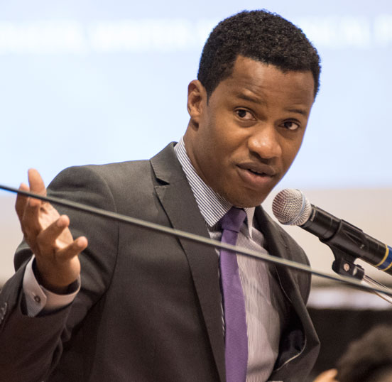 Nate Parker is pictured speaking at the 143rd Founders Observance Scholarship Gala on March 19, 2016, at Wiley College, where he announced plans to launch a film program in the fall and a summer film institute this summer (July 8-17, 2016).