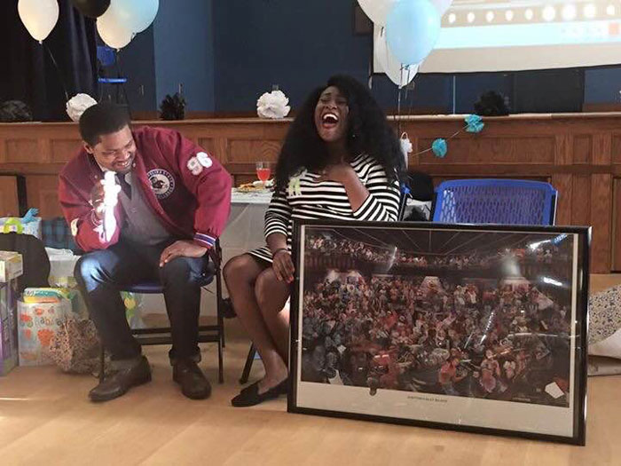 Deon and Felicity Rhode receive HBCU themed gifts at their baby shower in October 2016.