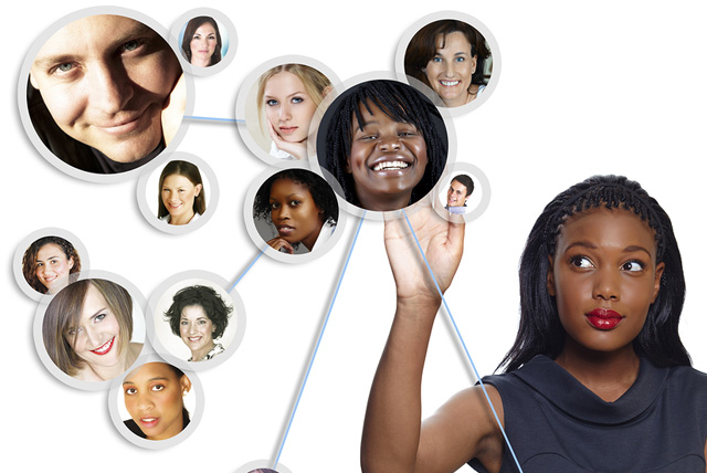 Illustration of a young African American female college student sorting her social network of friends and professional contacts.