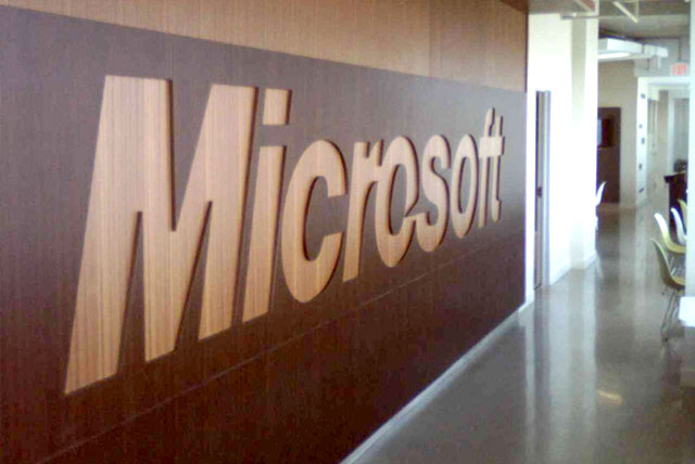 Microsoft Internship: A view of the Microsoft signage in the hallway of the U.S. Microsoft offices.