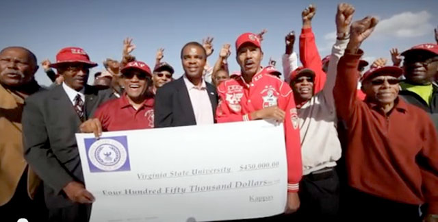Virginia State University alumni members of Kappa Alpha Psi present their alma mater with a gift.