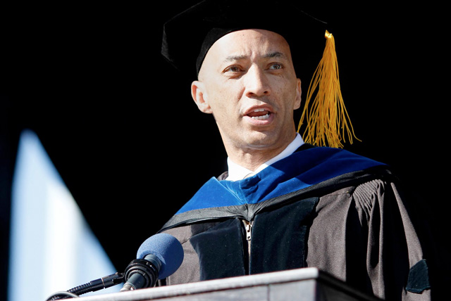 Byron Pitts at addresses students at Jackson State University's undergraduate commencement ceremony on May 3, 2014.
