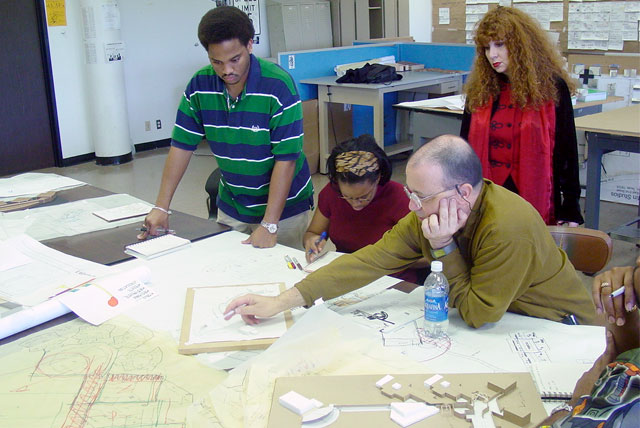 Prairie View A&M students discuss their work in an Architecture Design Studio class.