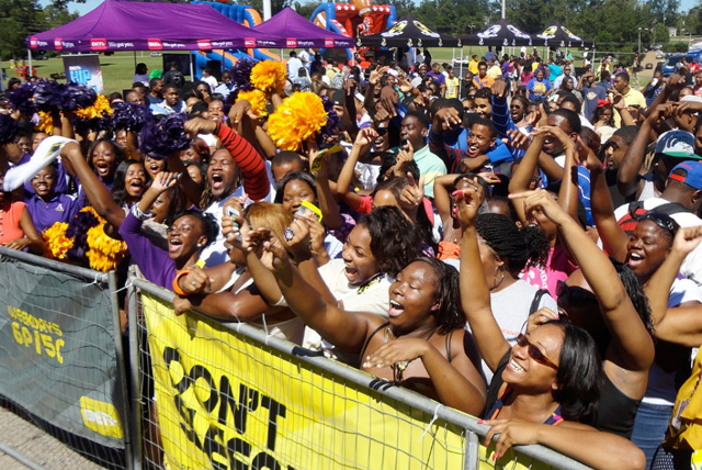 Students at Alcorn State University cheer during the welcoming event at the 2012 BET Black College Tour. 