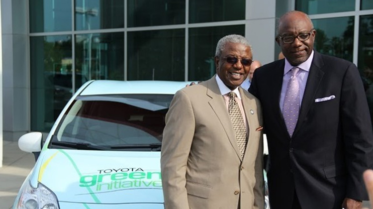 Livingstone College President, Dr. Jimmy R. Jenkins, Sr. is presented with a Toyota Prius by James Colon, Vice President and Toyota Multi Cultural Specialist on behalf of the Toyota Green Initiative.