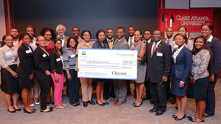 CAU Chevron scholarships recipients with Glenn Weckerlin, Manager of University Partnerships & Association Relations, Chevron, Niccole Boswell, Diversity Portfolio Manager, Chevron and Dr. Olu Olatidoye, Dual Degree Engineering Program, CAU.