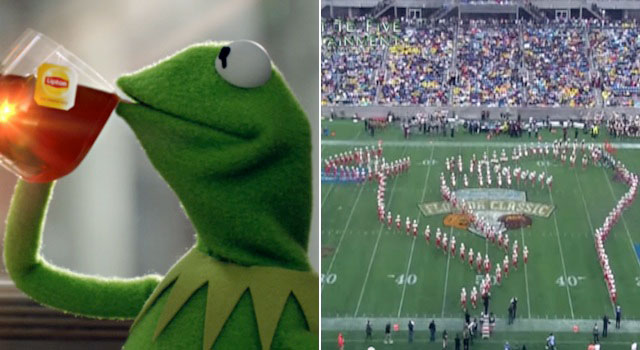 Florida A&M’s marching 100 band form into the shape of Kermit the Frog drinking tea at the 2014 Florida Classic.