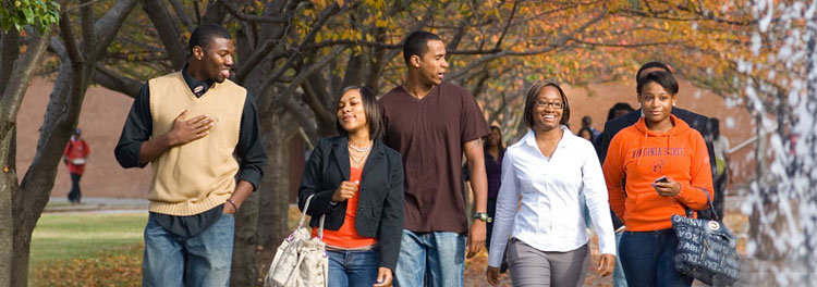 Students walking during fall on the campus of Virginia State-University.