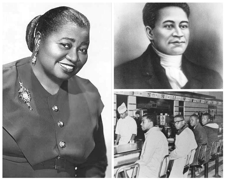 Black history icons Hattie McDaniel (left), Crispus Attucks (top right), and The A&T Four (bottom right).