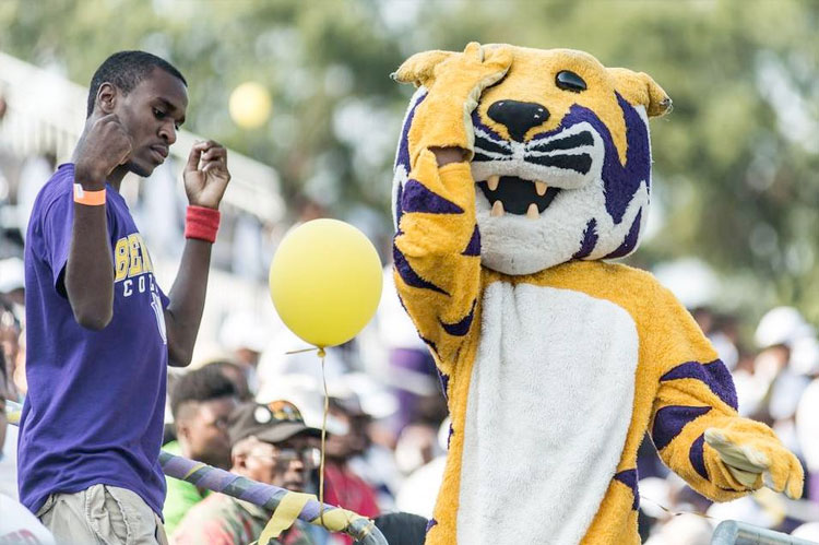 A Benedict fan dances with the Tiger Saturday evening at Charlie W. Johnson Stadium during the game against Livingstone College.