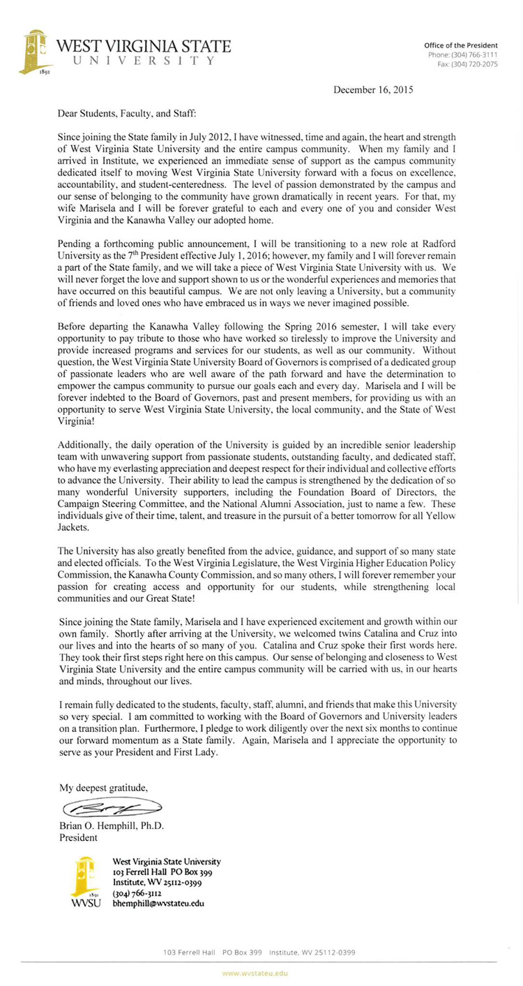 Letter of Resignation from WVSU President Hemphill