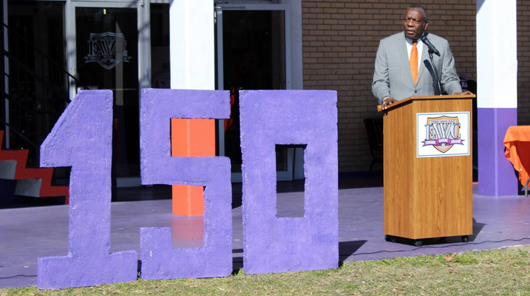 President Nathaniel Glover addresses Edward Waters College faculty, staff, students the university’s 150th anniversary kick-off event.