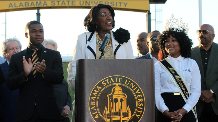 Alabama State President Gwendolyn E. Boyd joins Harvey to make the major announcement about the Turkey Day Classic Partnership.