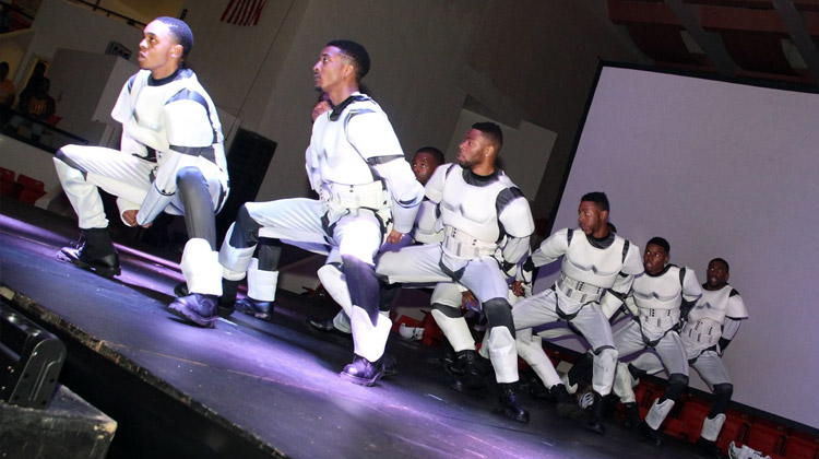 The brothers of AlThe brothers of Alpha Phi Alpha at Tuskegee University dressed as storm troopers perform a Star Wars themed Homecoming step show in 2015.