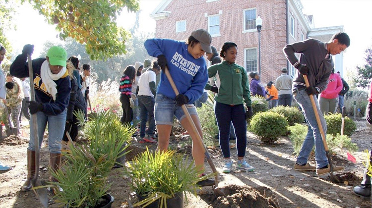 2016 Retool Your School: Students on the campus of Florida A&M University work to improve the grounds by planting shrubs and trees.