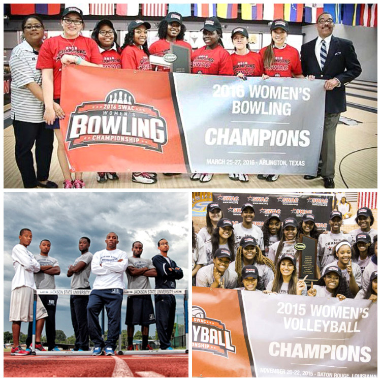 N4A Certification: Collage of three successful Jackson State University Athletics programs - Women's Bowling, Men's Track and Women's Volleyball.