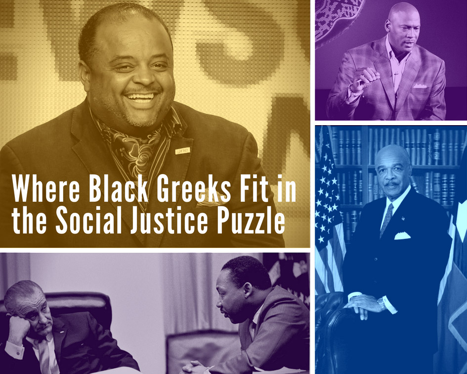Black Greeks and Social Justice: Pictured - Journalist Roland Martin (top-left), Civil Rights Leader Martin Luther King, Jr. with former U.S. President Lyndon B. Johnson (bottom-left), Basketball Champion Michael Jordan (top right), and Former U.S. Secretary of Education Dr. Rod Paig (bottom right).