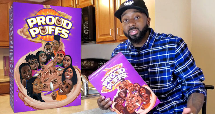 Entrepreneur Nic King sits holding a box of Proud Puffs cereal, a product of his black-owned Legacy Cereal Company.