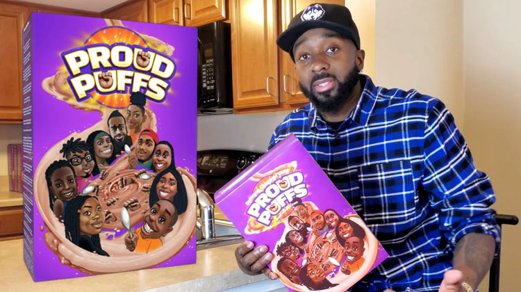 Entrepreneur Nic King sits holding a box of Proud Puffs cereal, a product of his black-owned Legacy Cereal Company.