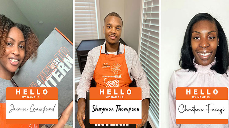 The Home Depot Internship HBCU participants Jaimie, Shaymon and Christine pose for their intern photos.